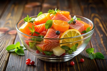 Vibrant hues of orange and yellow citrus segments surround succulent pieces of salmon, perfectly balanced in a crystal-clear glass bowl, highlighting the dish's revitalizing essence.