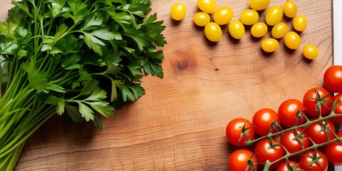 Fresh tomatoes and cilantro on a wooden cutting board, symbolizing healthy eating and organic cooking (21)