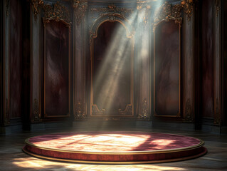 Poster - A beautifully lit stage within an ornate room, showcasing dramatic light beams and intricate design elements.