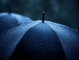 Poster - A close-up of a dark umbrella covered in raindrops, set against a blurred background depicting a rainy atmosphere.