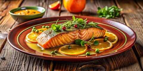 Pan-seared salmon steak on a vibrant orange plate with a drizzle of citrus-herb sauce and microgreens, placed on a distressed wooden table 