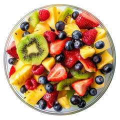 A glass bowl filled with a vibrant assortment of fresh fruits, including pineapple, kiwi, strawberries, raspberries, and blueberries.