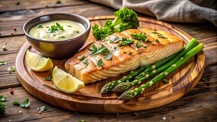 Grilled salmon steak smothered in a rich and citrusy lemon butter sauce, paired with a bouquet of grilled asparagus and a sprinkle of parsley for a pop of color