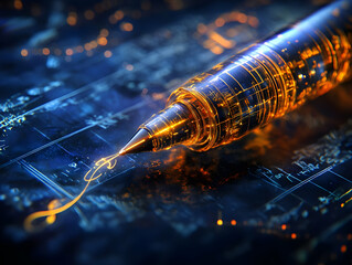 Poster - A futuristic pen design glowing against a dark, digital backdrop, symbolizing innovation, technology, and creativity.