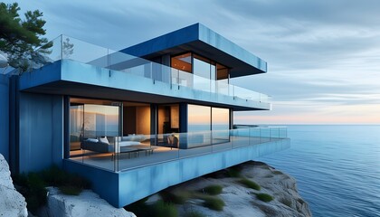 Sleek contemporary blue concrete home featuring glass balconies and stunning ocean vistas