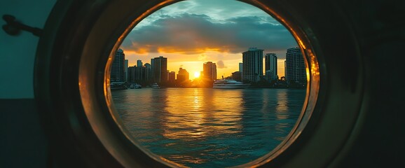 Wall Mural - A view of a city skyline through a porthole at sunset.