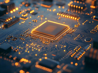 Poster - Close-up of a circuit board showcasing intricate electronic components and glowing lights, symbolizing technology and innovation.
