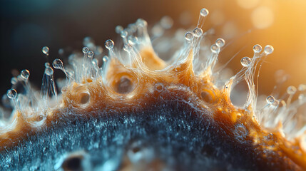 Poster - Close-up of water droplets on a textured surface, showcasing intricate details and vibrant colors, evoking a sense of nature and beauty.