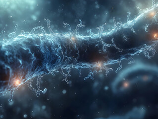 Poster - abstract representation of a glowing strand, resembling molecular structures in a cosmic environment
