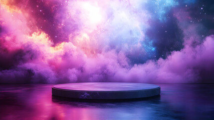 Poster - A vibrant cosmic scene featuring a circular platform surrounded by colorful clouds and a starry sky, perfect for creative displays.