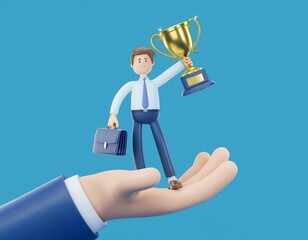 A businessman holding a trophy is being lifted up by a giant hand, 3D illustration