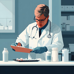 Wall Mural - Doctor Examining Prescription and Pills in Clinic