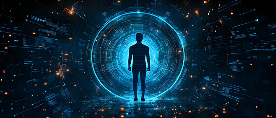 Poster - A silhouette stands in a vibrant blue digital portal, symbolizing exploration and technology in a futuristic environment.