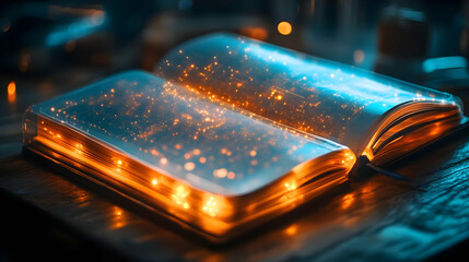 Poster - An enchanting open book with glowing pages and sparkles, creating a magical and whimsical atmosphere in soft lighting.