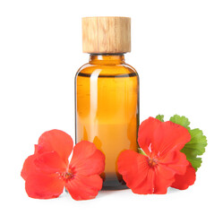 Wall Mural - Bottle of geranium essential oil and beautiful flowers isolated on white