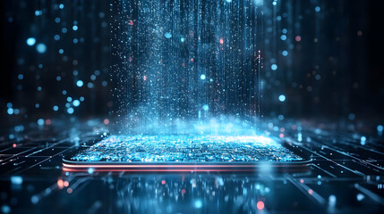 Poster - Futuristic smartphone surrounded by a digital rain of glowing particles, representing advanced technology and innovation.