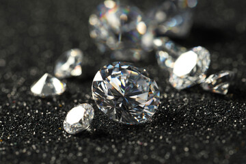 Canvas Print - Beautiful dazzling diamonds on dark shiny background, closeup