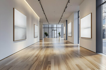 Modern art gallery showcasing minimalistic design with wooden floor and bright natural light, perfect for creative inspiration.