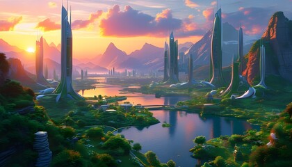 Lush futuristic cityscape with rivers, modern skyscrapers, and majestic mountains illuminated by the soft glow of sunrise