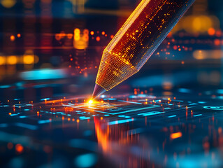 Poster - A close-up of a futuristic pen creating sparks on a digital circuit board, symbolizing innovation and technology.