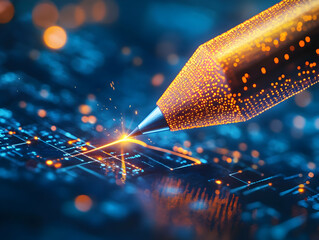 Poster - An abstract illustration of a digital pen creating luminous patterns on a futuristic circuit board background.