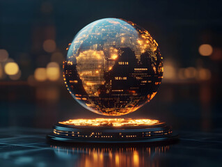 Poster - Illuminated globe with shimmering continents and data interface, symbolizing global connectivity and advanced technology.