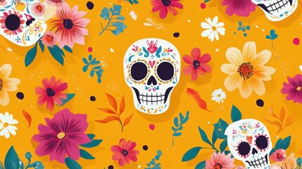 Wall Mural - A charming illustration featuring tiny sugar skulls flowers and Mexican motifs arranged in a playful pattern on a bright festive background