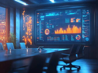 Poster - Modern conference room with digital screens displaying data analytics and graphs, ideal for business presentations.