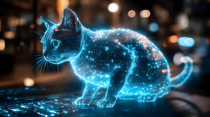 Poster - A mesmerizing digital art of a glowing cat surrounded by sparkling lights, creating a futuristic and enchanting ambiance.