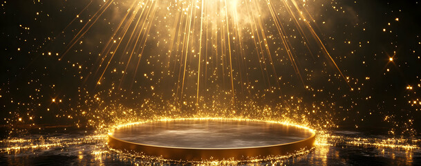 Poster - A captivating scene of golden light rays shining over a glowing platform, creating an enchanting atmosphere of magic and wonder.
