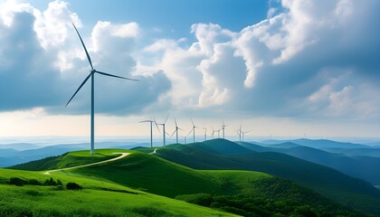 Elegant wind turbines atop lush green hills under a dramatic cloudy sky creating a picturesque landscape