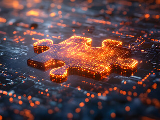 Poster - A glowing puzzle piece in a digital landscape, symbolizing connections and solutions in technology and innovation.