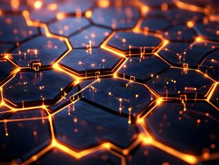 Poster - Intricate hexagonal pattern glowing with vibrant orange light, creating a futuristic, tech-inspired backdrop for digital concepts.