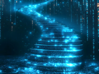 Poster - Futuristic digital spiral staircase with glowing blue lights, symbolizing technology and innovation in a captivating virtual world.