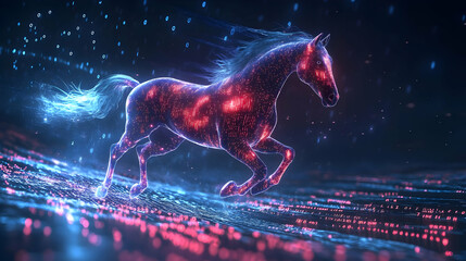Poster - A digital horse gallops through a vibrant, glowing landscape filled with colorful particles and light, creating a magical atmosphere.