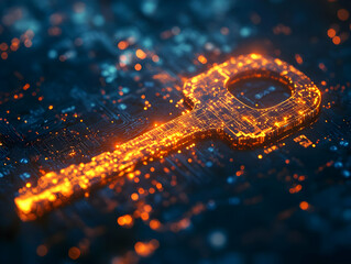 Poster - A glowing digital key symbolizing security and innovation in technology, set against a vibrant, abstract background.