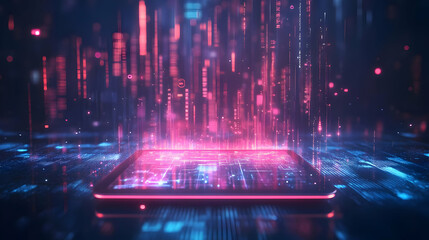 Poster - A futuristic digital landscape featuring vibrant lights and data streams emanating from a glowing tablet device.