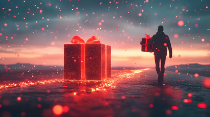 Poster - A person carrying a gift walks towards a glowing present in a magical, snowy landscape at sunset.