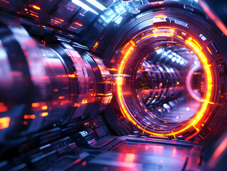 Poster - Futuristic tunnel with glowing lights and intricate designs, ideal for science fiction themes and technological concepts.