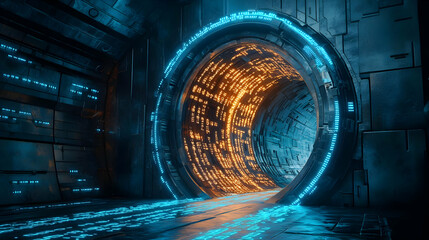 Poster - Futuristic portal with glowing blue and orange lights, set in a high-tech environment. Ideal for sci-fi themes and illustrations.