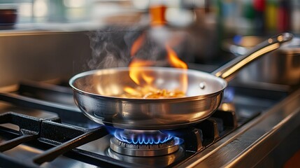 Stainless Steel Pan on a Gas Stovetop with Flames and Steam