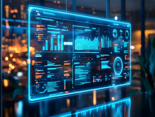 Poster - Futuristic digital interface with data visualizations and analytics, showcasing technology in a modern workspace.