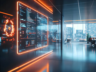 Poster - Futuristic office interior with glowing data screens, modern furniture, and a panoramic city view in a sleek urban environment.