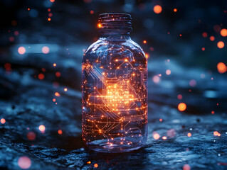 Poster - A glowing bottle filled with vibrant lights, set against a dark background, representing innovation and creativity.