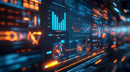 Poster - Futuristic data visualization with glowing graphs and charts, reflecting advanced analytics in a digital environment.