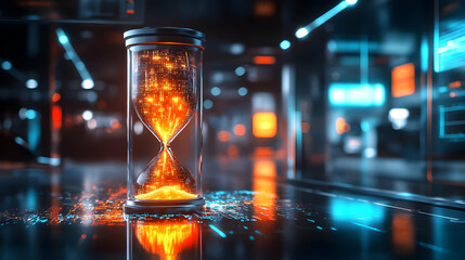 Poster - A glowing hourglass with vibrant particles, symbolizing time and innovation in a futuristic setting.