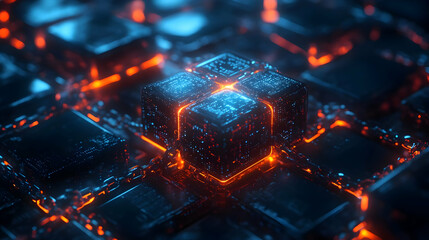 Poster - Futuristic digital landscape featuring glowing cubes with vibrant neon colors. Perfect for tech and sci-fi themed projects.
