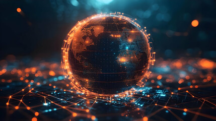 Poster - Futuristic glowing globe representation with digital nodes and connections, symbolizing technology and global networking.
