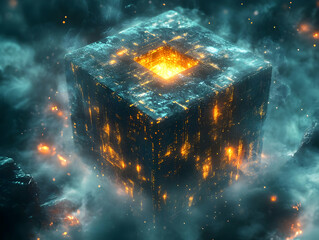 Poster - A mesmerizing cube emitting vibrant lights amidst swirling clouds, creating a captivating and mysterious atmosphere.