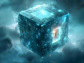 Poster - A glowing, futuristic cube floating among ethereal clouds, showcasing advanced technology and digital patterns in a cosmic setting.